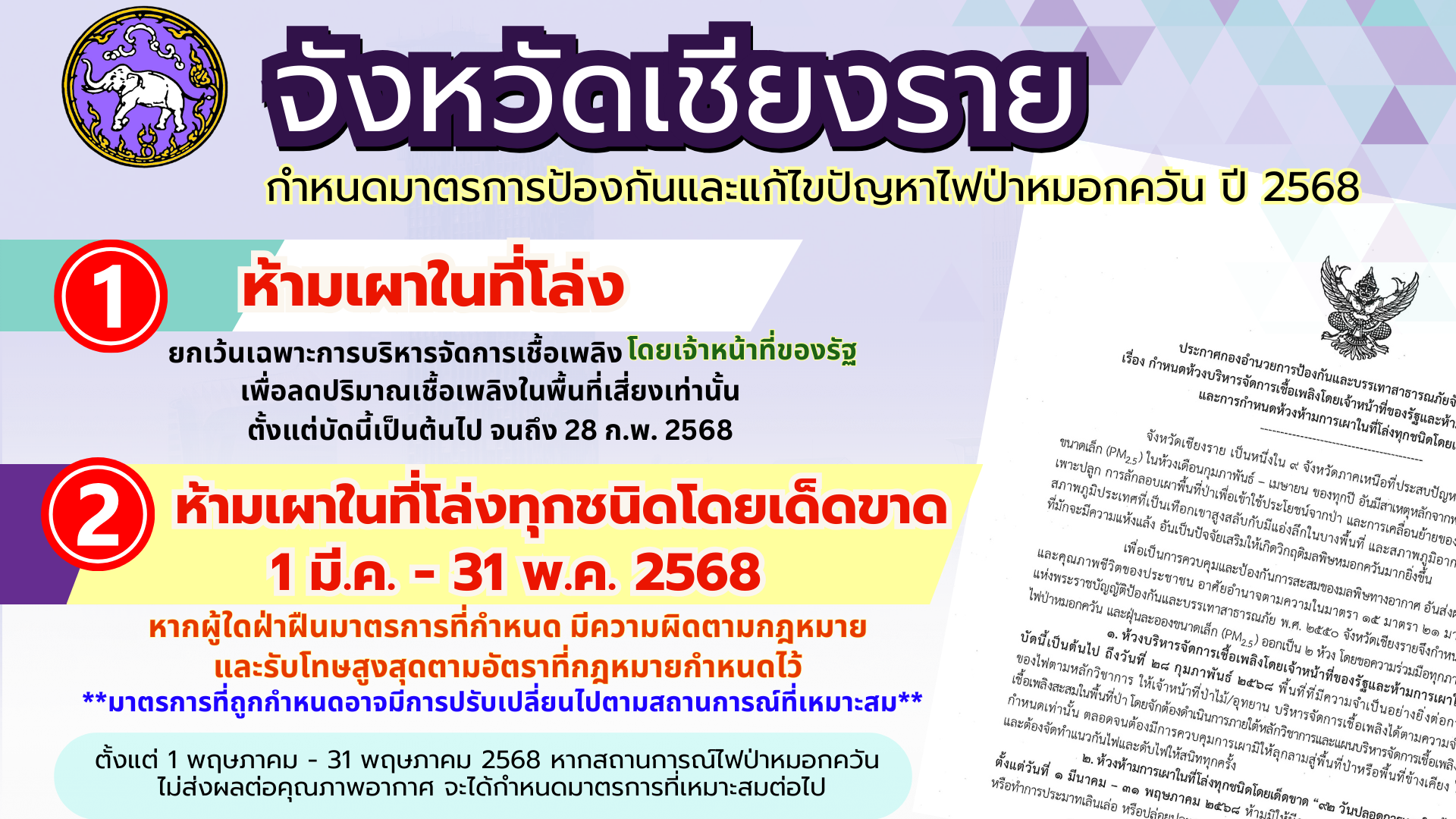 ประชาสัมพันธ์กำหนดมาตรการป้องกันและแก้ไขปัญหาไฟป่าหมอกควันจังหวัดเชียงราย