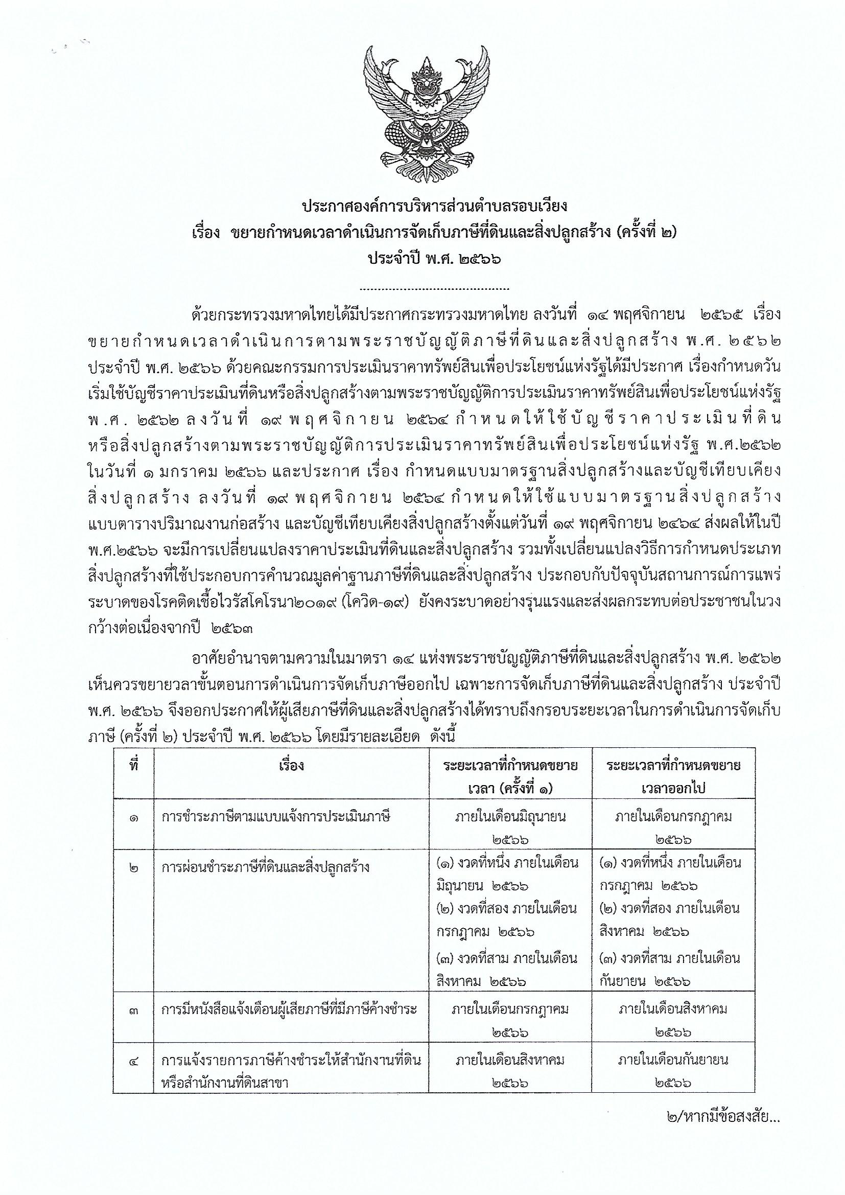 ประกาศ การขยายกำหนดเวลาดำเนินการจัดเก็บภาษีที่ดินและสิ่งปลูกสร้าง (ครั้งที่ 2) ประจำปี พ.ศ.2566