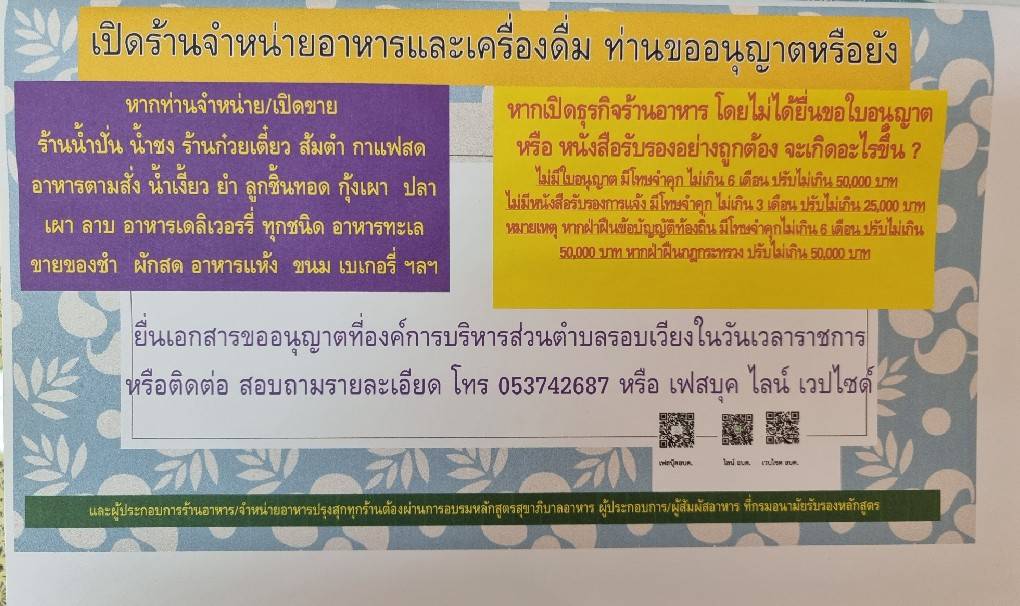 ประชาสัมพันธ์ถึงผู้ประกอบการร้านอาหาร จำหน่ายอาหาร /ร้านขายของชำ ที่ยังไม่ได้มาขออนุญาตหรือแจ้งจัดตั้งสถานที่จำหน่ายอาหารกับอบต.รอบเวียง