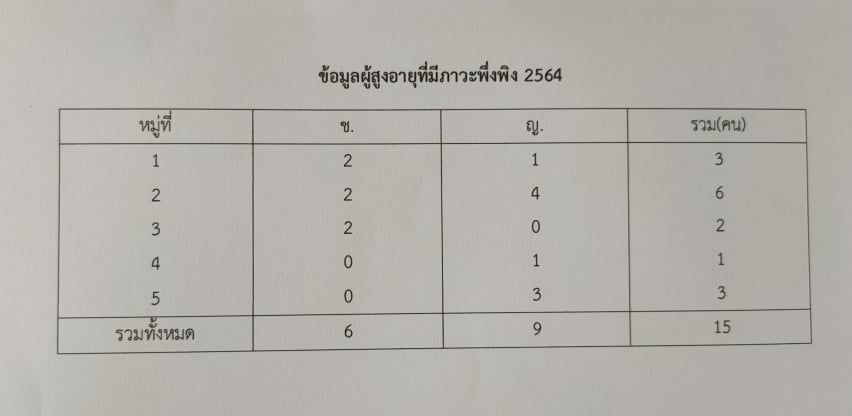 ข้อมูลผู้สูงอายุที่มีภาวะพึ่งพิง  ประจำปี 2564