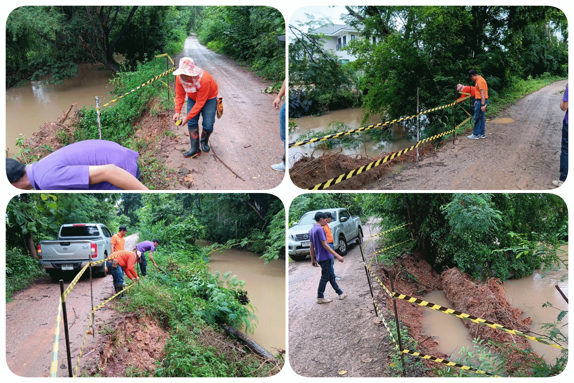 งานป้องกันและบรรเทาสาธารณภัยได้ออกปฏิบัติหน้าที่ติดติดเทปเตือนถนนทรุดตัว ณ ถนนไร่นาส่วนผสม บ้านป่ายางมน หมู่ 2