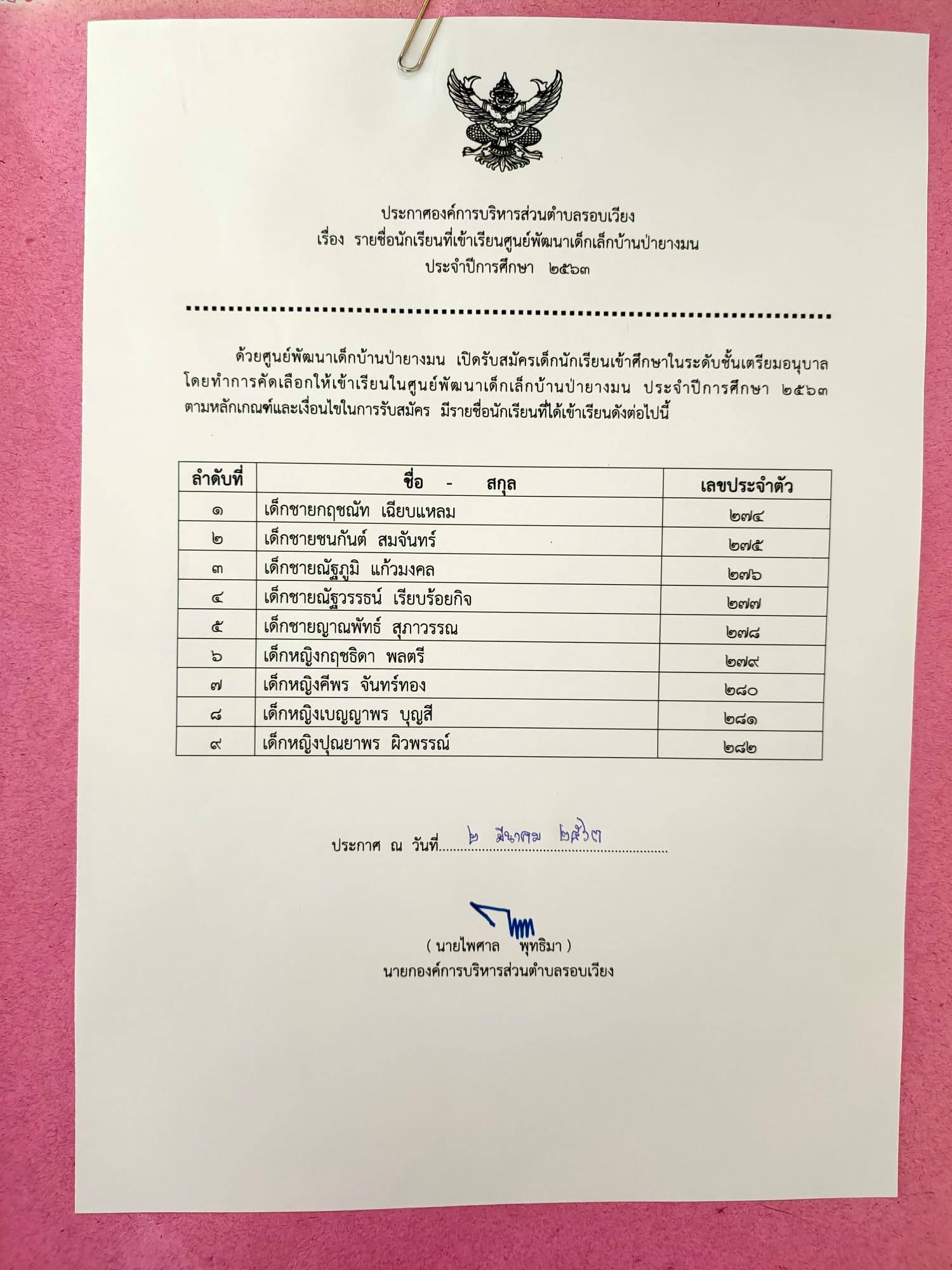 ประชาสัมพันธ์ประกาศรายชื่อนักเรียนที่เข้าเรียนศูนย์พัฒนาเด็กเล็กบ้านป่ายางมน ประจำปีการศึกษา 2563